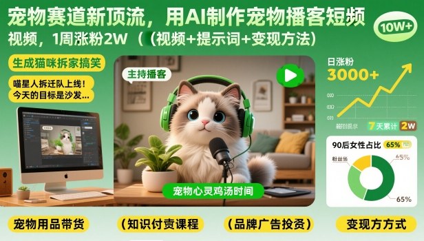 宠物赛道新顶流，用AI制作宠物播客短视频，1周涨粉2W(视频+提示词+变现方法)-谷进海小站