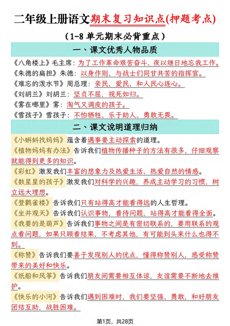 二年级上语文期末复习知识点(押题考点)-谷进海小站