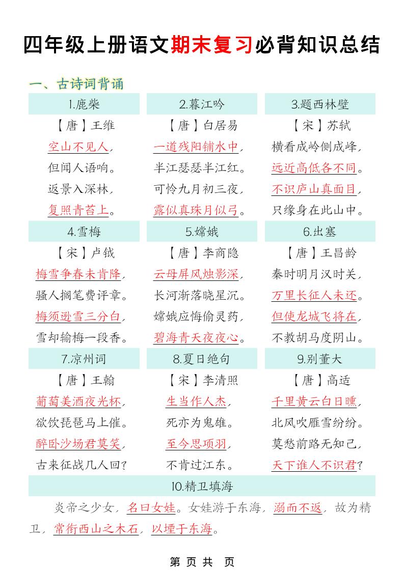 四年级上语文期末复习必背知识总结-谷进海小站