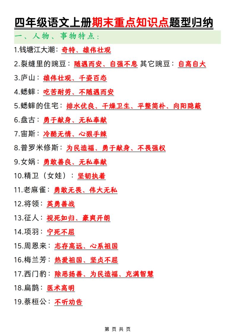 四年级上语文期末重点知识点题型归纳-谷进海小站