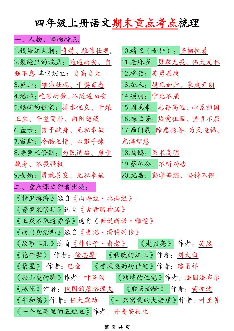 四年级上语文期末重点考点梳理-谷进海小站