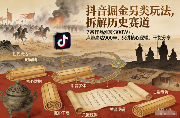 抖音掘金另类玩法，拆解历史赛道，7条作品涨粉300W+，点赞量高达900W，只讲核心逻辑，干货分享-谷进海小站