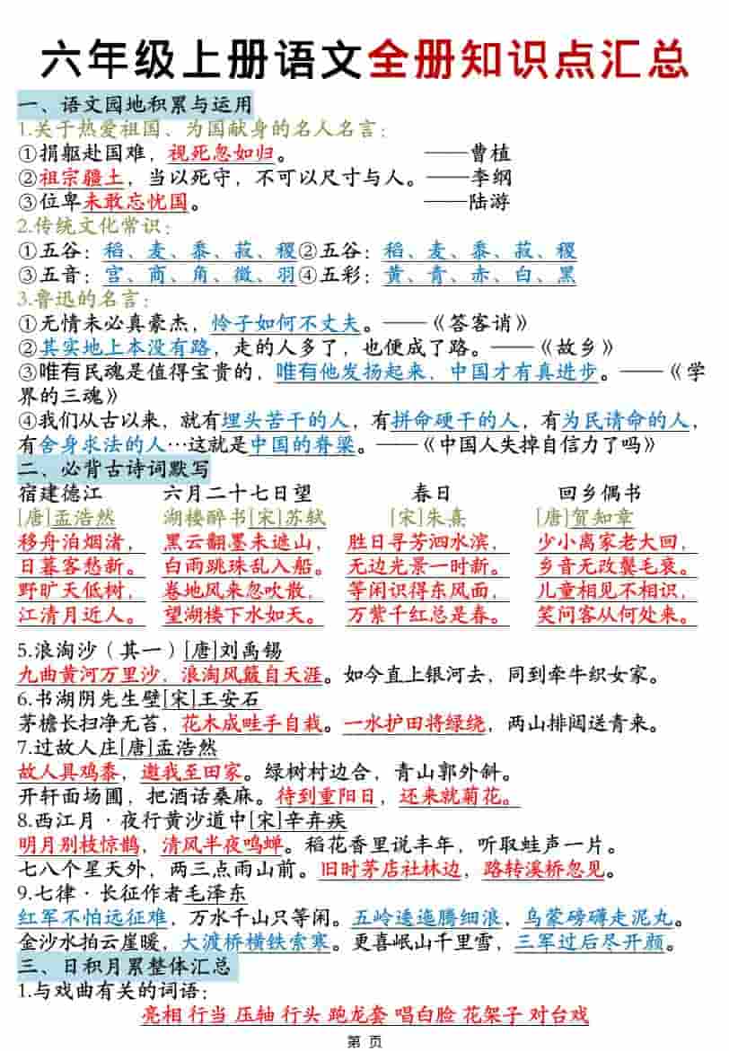 六年级上语文全册知识点汇总-谷进海小站