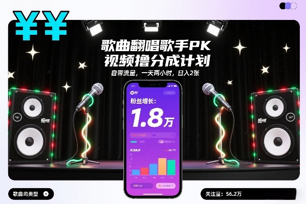 歌曲翻唱歌手PK视频撸分成计划，自带流量，一天两小时，日入2张-谷进海小站