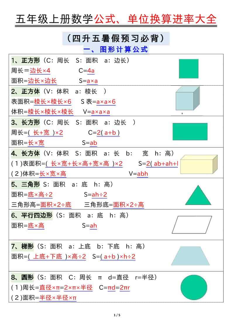 五年级上数学公式、单位换算进率大全-谷进海小站