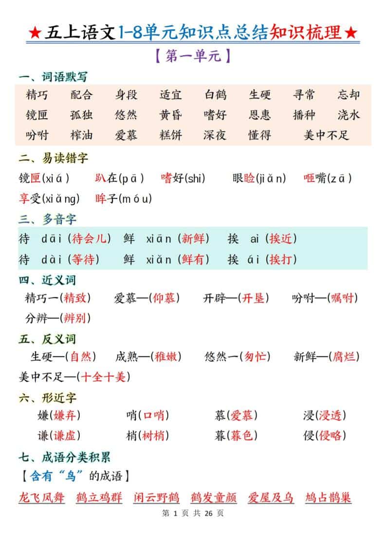 五年级上语文1-8单元知识点总结知识梳理-谷进海小站