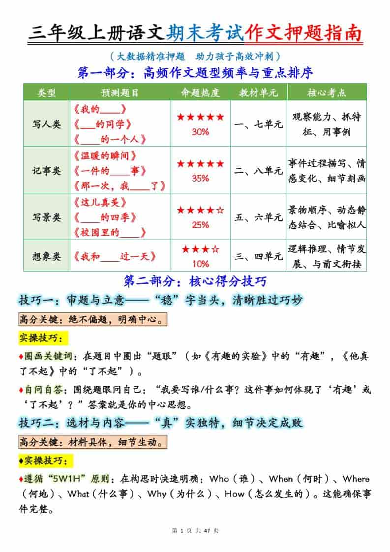 25秋三上语文期末考试作文押题写作指南+范文47页-谷进海小站