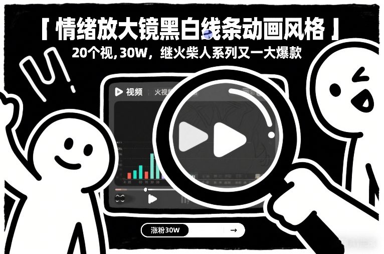 情绪放大镜黑白线条动画风格，20个视频，涨粉30W，继火柴人系列又一大爆款-谷进海小站