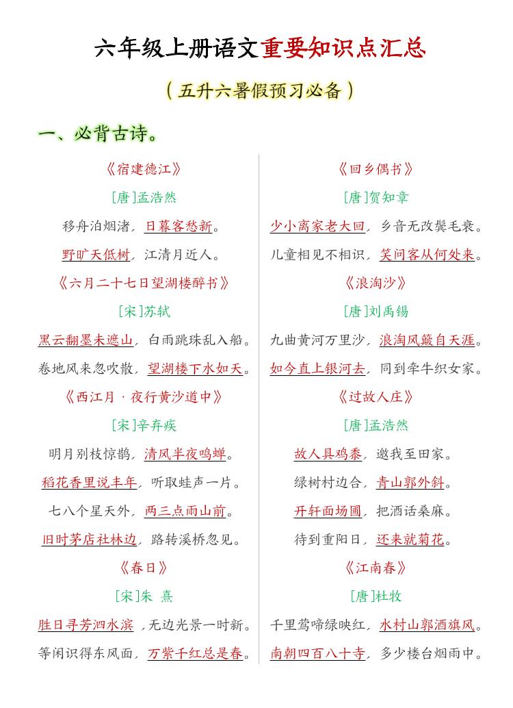 六年级上语文重要知识点汇总-谷进海小站