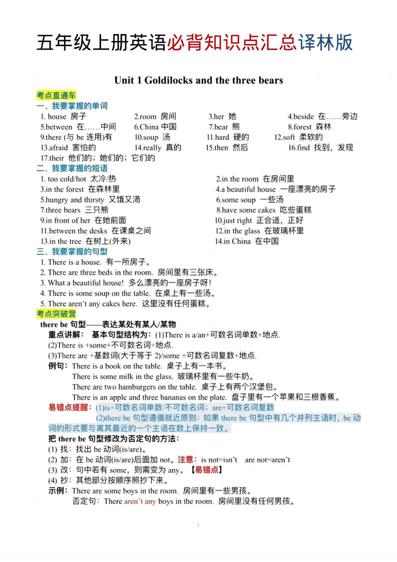 五年级上英语必背知识单《译林版》-谷进海小站