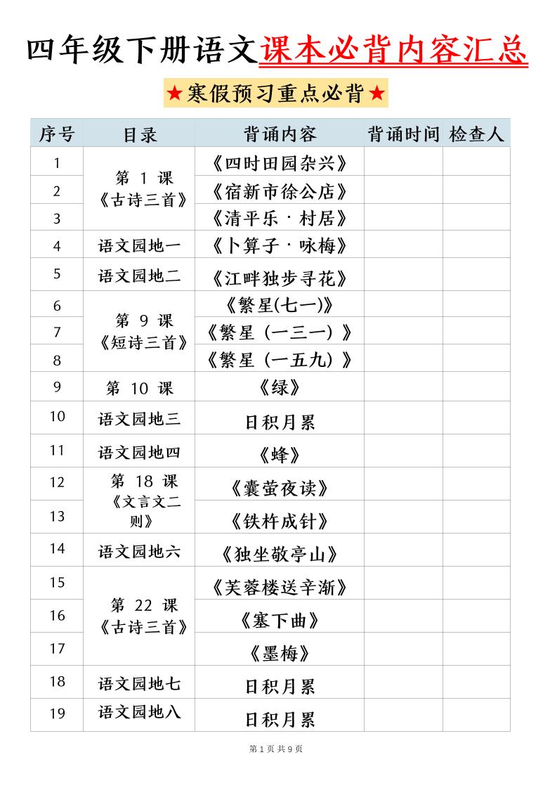 四下语文寒假预习课本必背内容汇总（9页）-谷进海小站