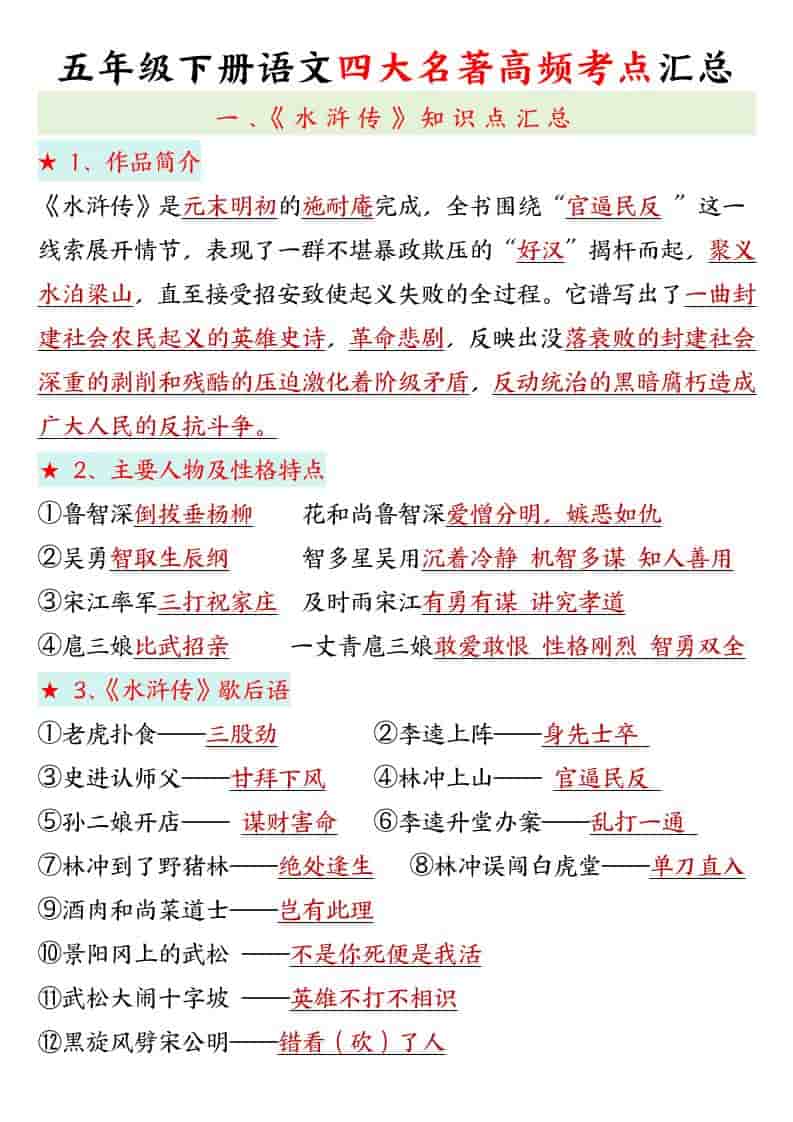 五年级下语文四大名著高频考点-谷进海小站