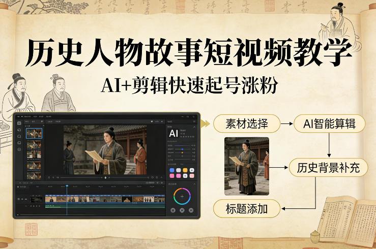 历史人物故事短视频教学，AI+剪辑制作历史人物题材短视频，快速起号涨粉-谷进海小站
