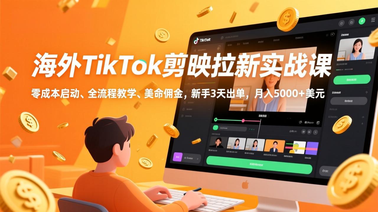 海外TikTok剪映拉新实战课，零成本启动、全流程教学、美金佣金，新手3天出单，月入5000+美元-谷进海小站