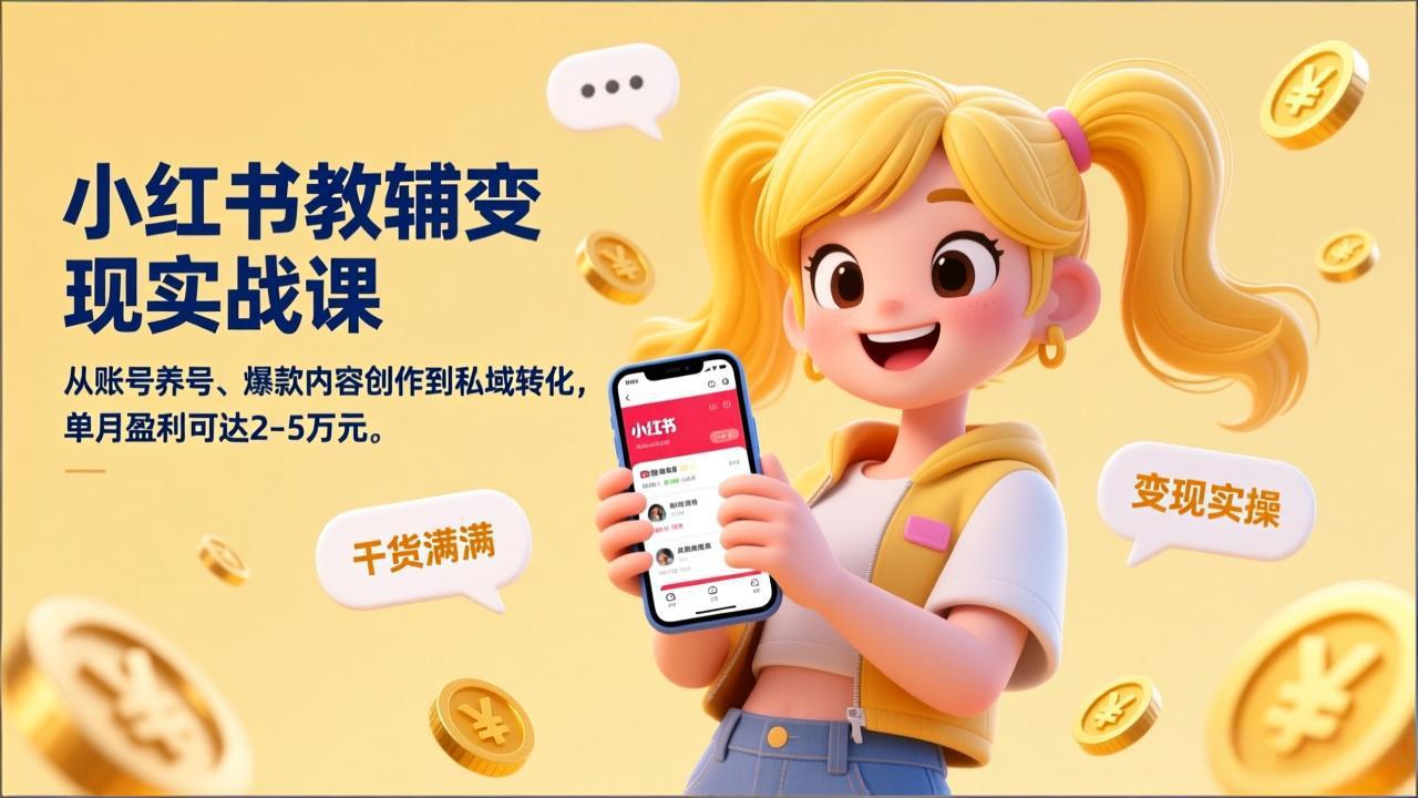 小红书教辅变现实战课，从账号养号、爆款内容创作到私域转化，单月盈利可达2-5万元-谷进海小站
