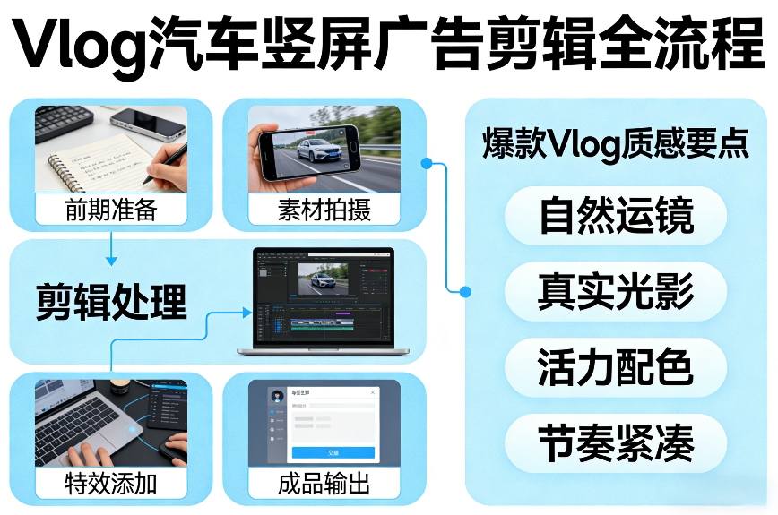 Vlog感觉汽车竖屏广告剪辑脚本全流程，拿捏爆款Vlog质感-谷进海小站