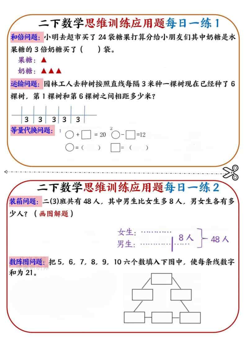 二年级下数学思维训练应用题每日一练小纸条-谷进海小站