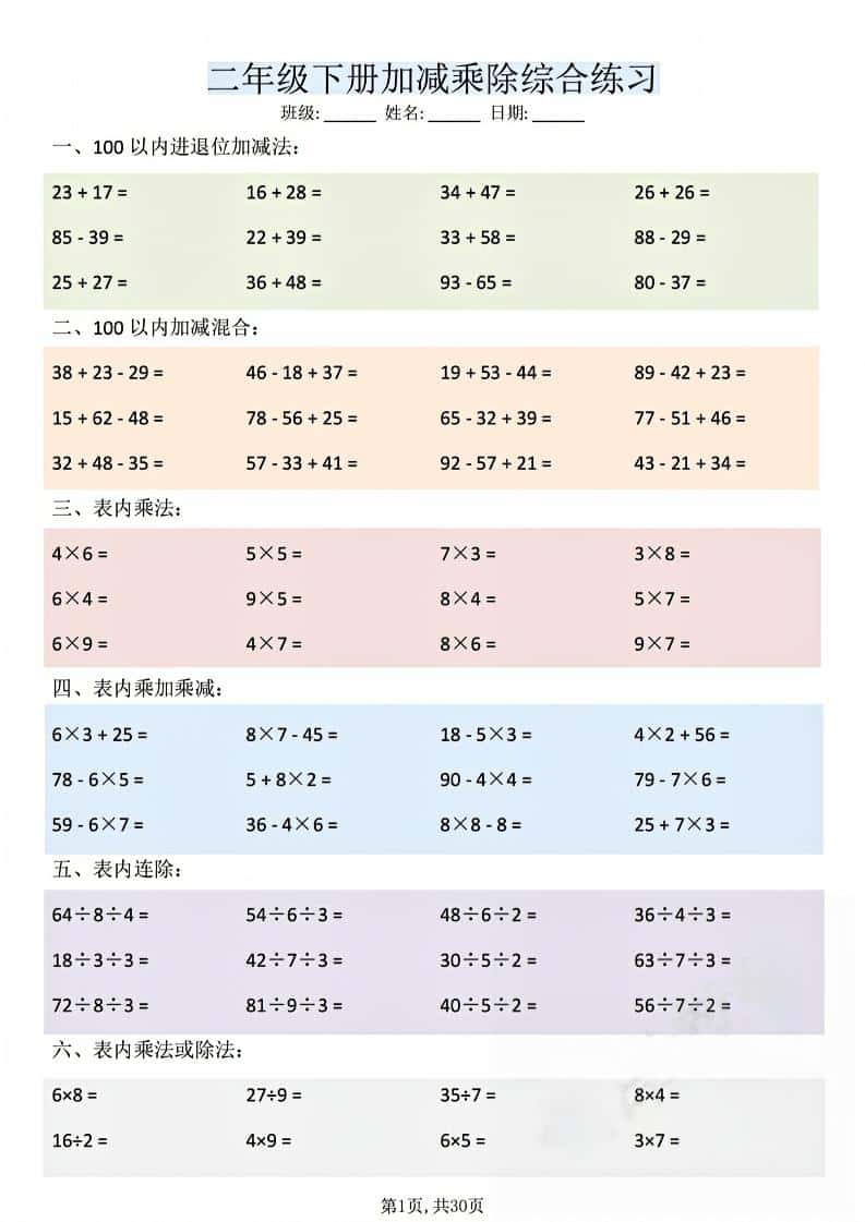 二年级下数学加减乘除综合练习-谷进海小站