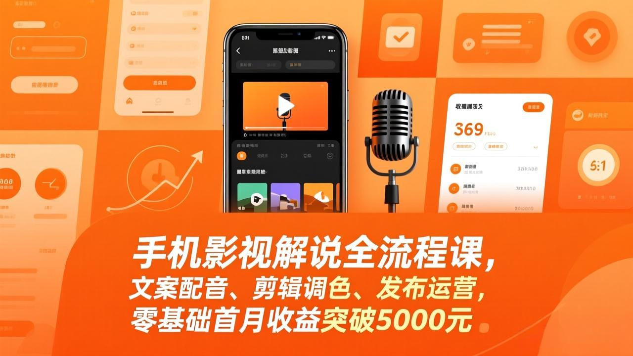 手机影视解说全流程课，文案配音、剪辑调色、发布运营，零基础首月收益突破5000元-谷进海小站