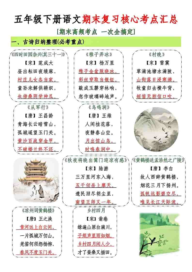 五年级下语文期末复习核心考点汇总-谷进海小站