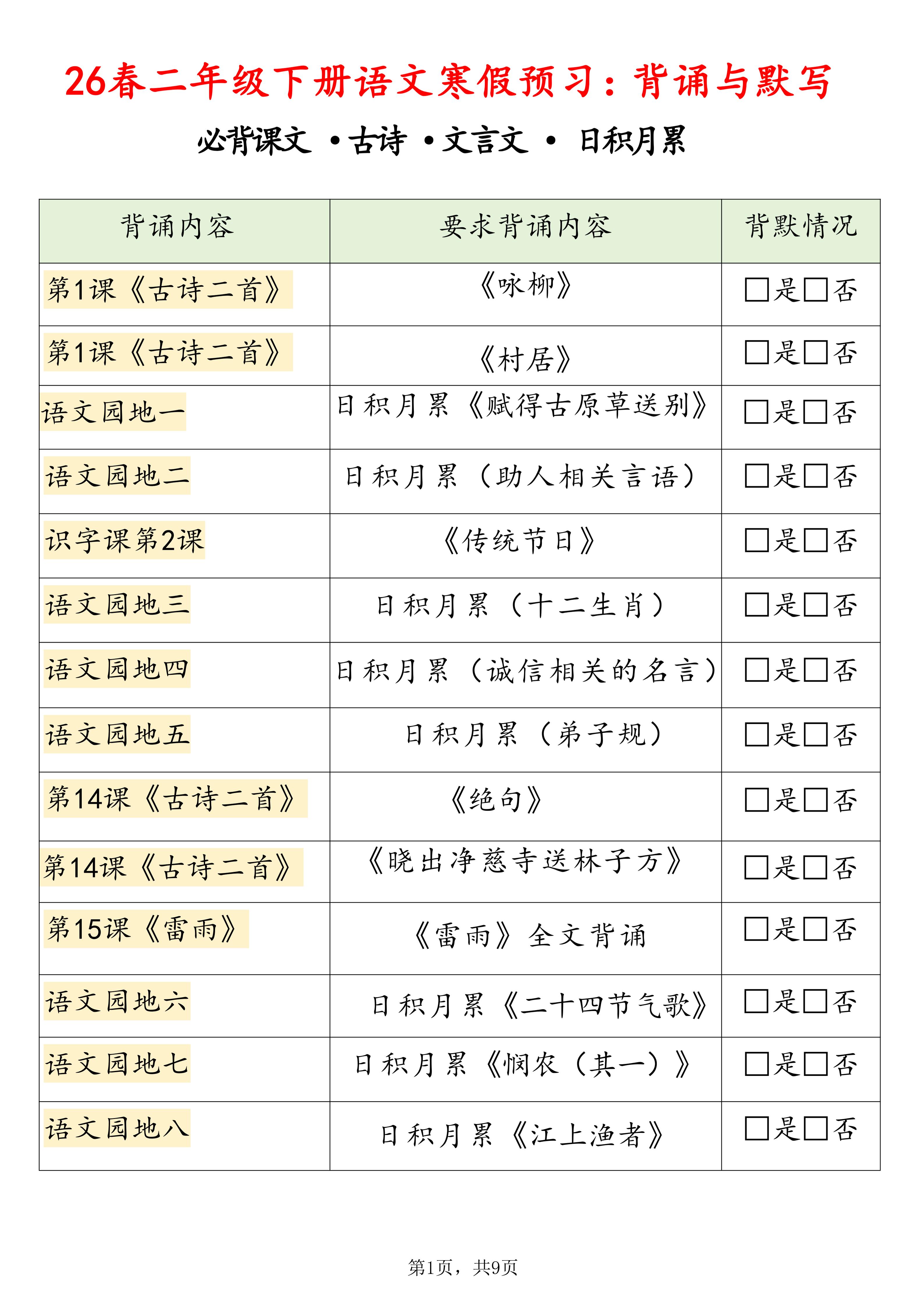 26春二下语文寒假预习背诵与默写（必背课文、古诗、文言文、日积月累）9页修订版-谷进海小站