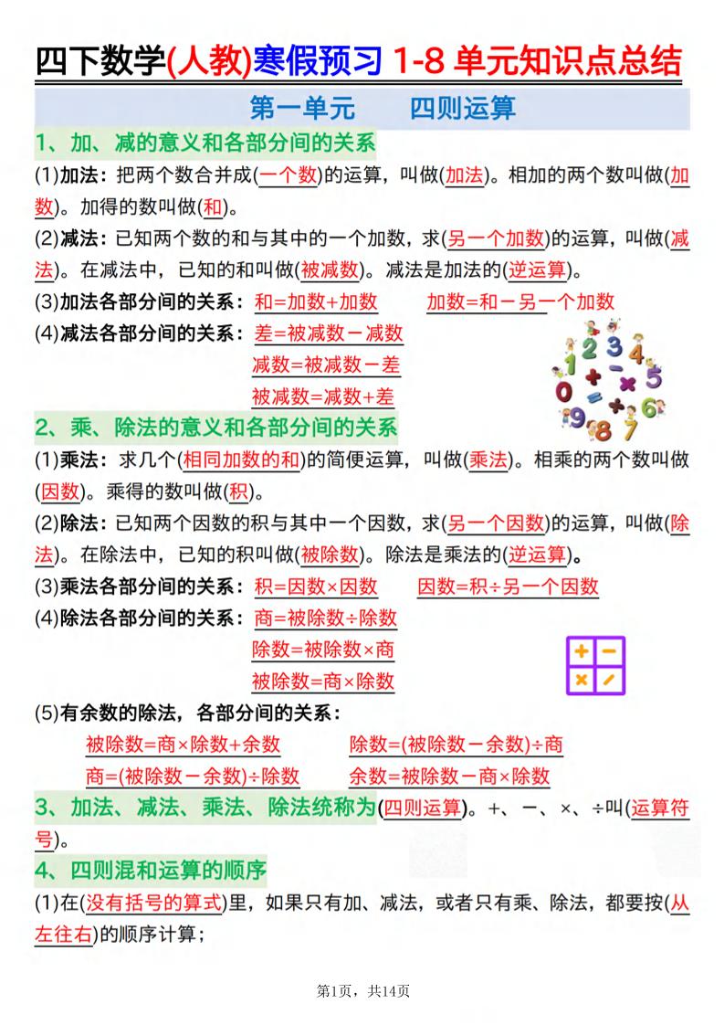 26春四下人教数学寒假预习1-8单元知识点总结14页-谷进海小站