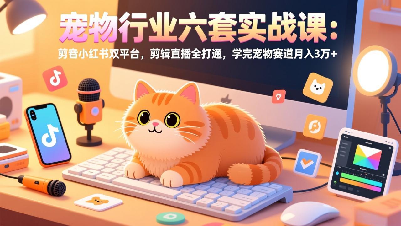 宠物行业六套实战课：抖音小红书双平台，剪辑直播全打通，学完宠物赛道月入3万+-谷进海小站