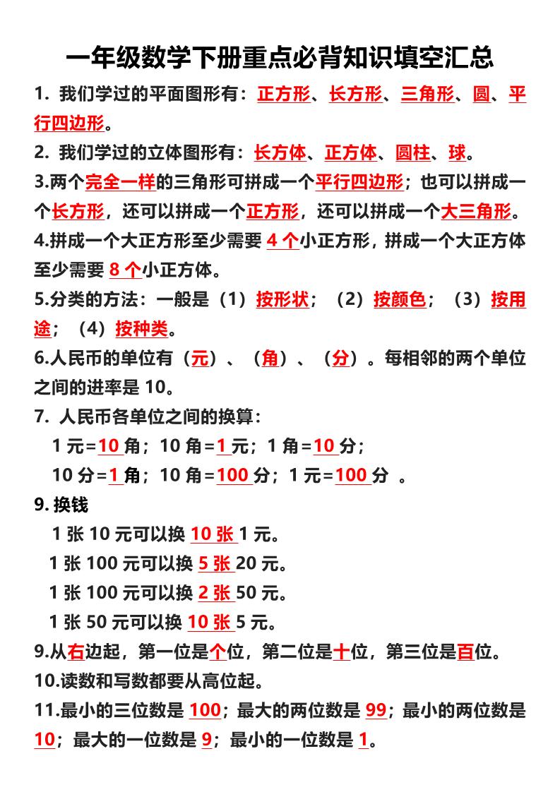一年级下数学重点必背知识填空汇总-谷进海小站
