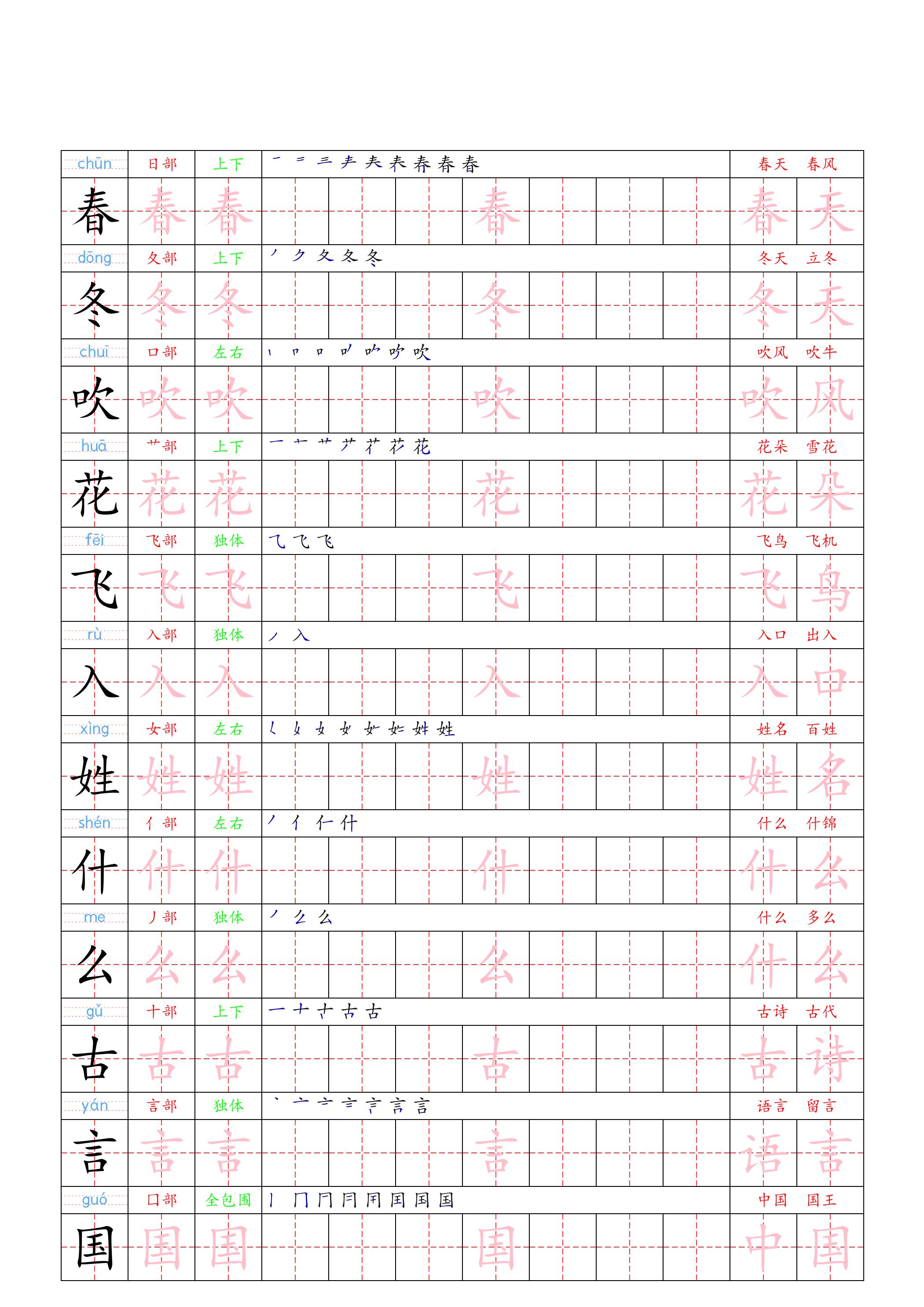 （新版）一下语文写字表一类字贴-谷进海小站