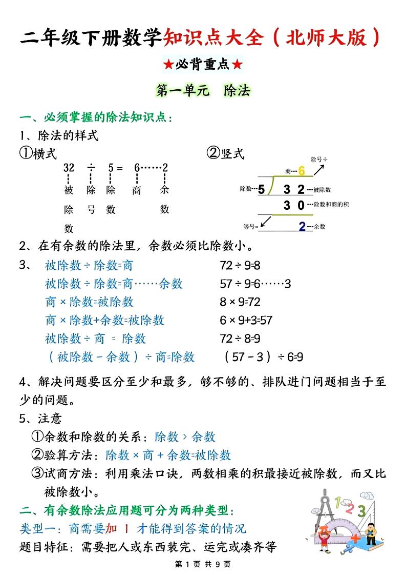 二年级下数学知识点大全《北师版》-谷进海小站