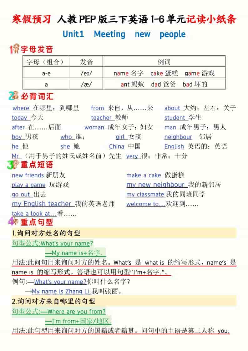 三年级下英语寒假预习1-6单元记读小纸条《人教版PEP》-谷进海小站