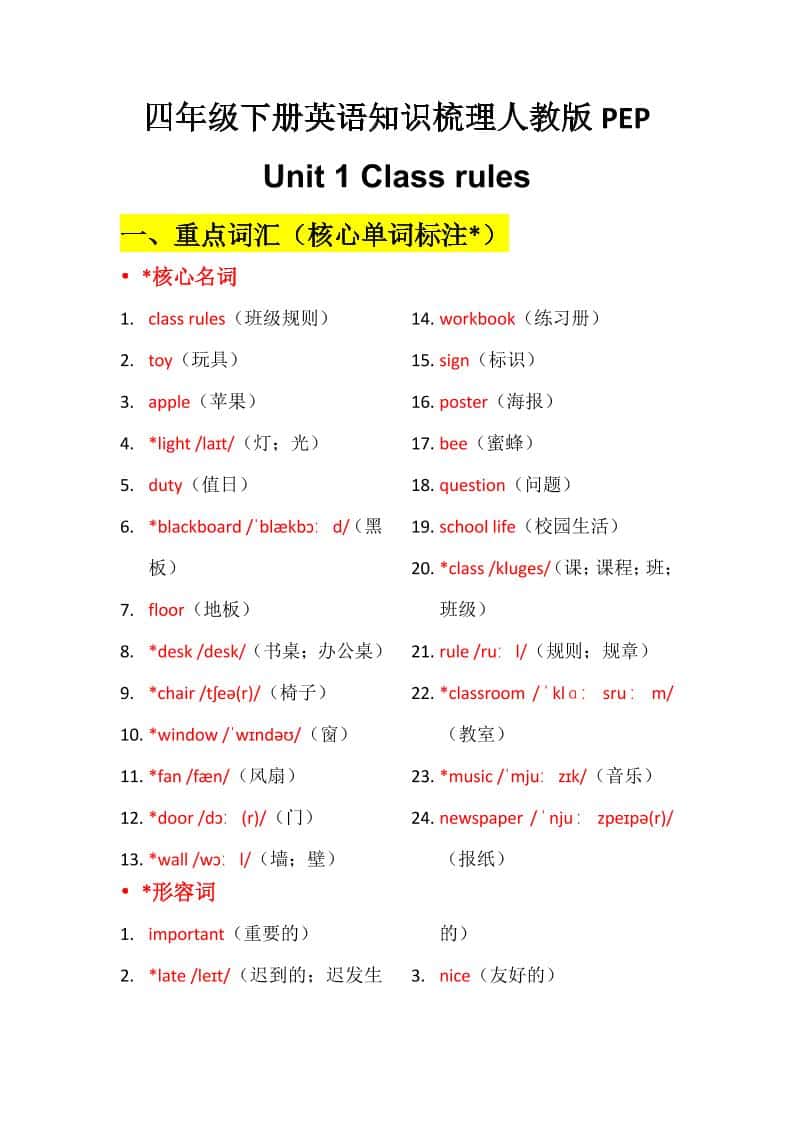 四年级下英语Unit1知识梳理+默写单《人教版PEP》-谷进海小站