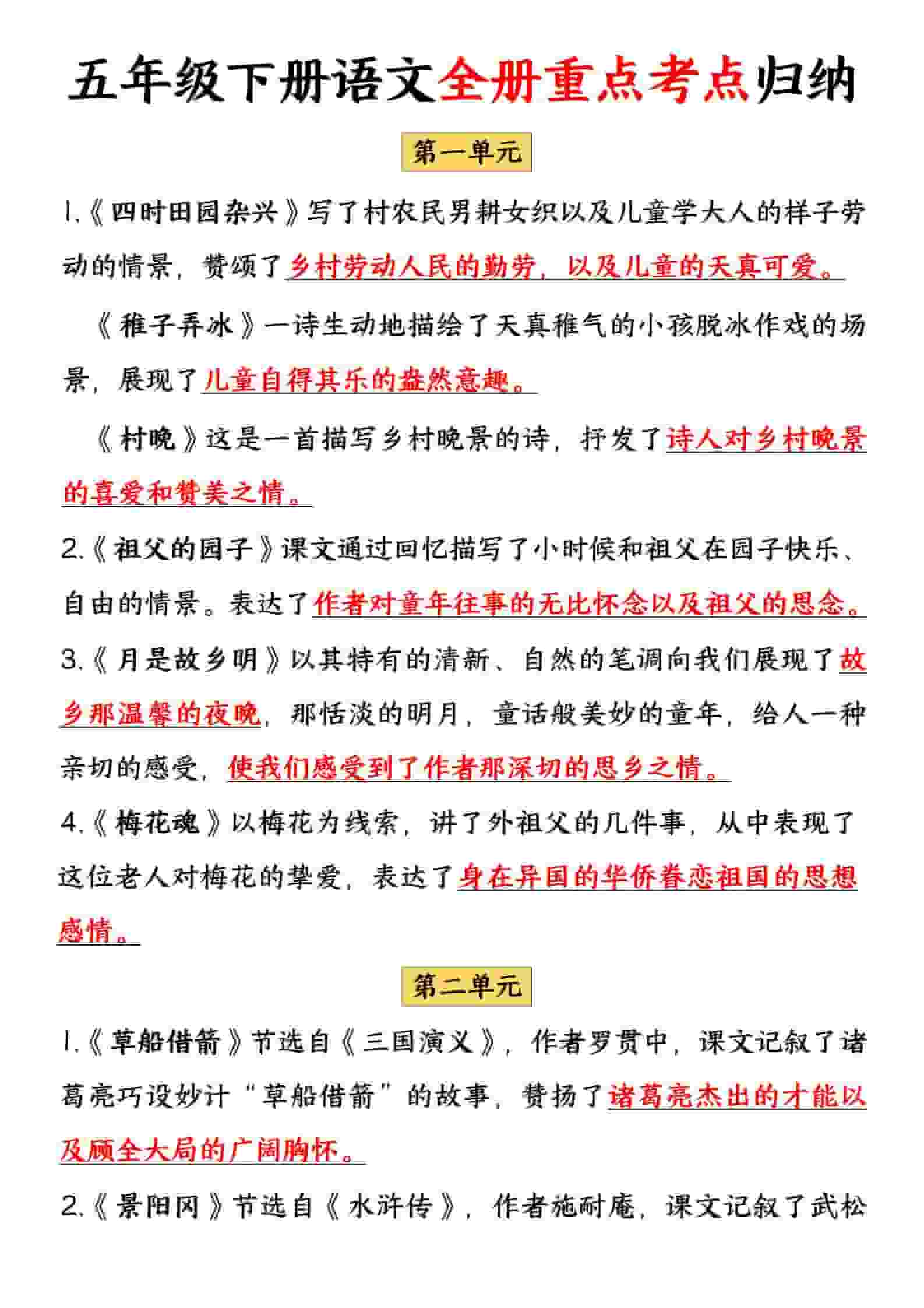 五年级下语文全册重点考点归纳-谷进海小站