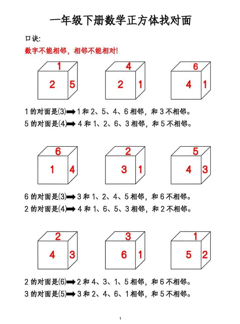 一年级下数学正方体找对面专项练2-谷进海小站