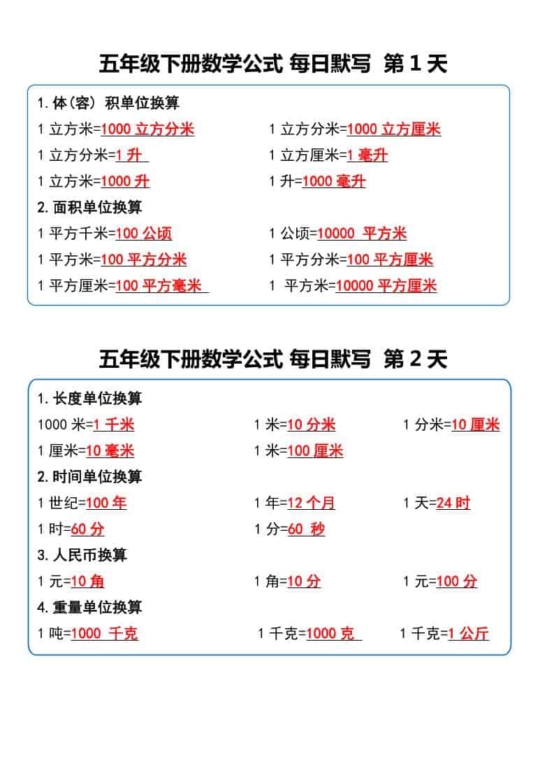 五年级下数学数学公式每日默写小纸条-谷进海小站