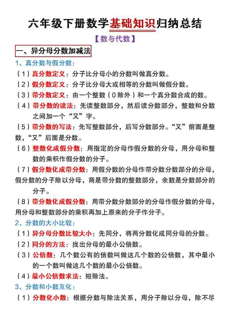 六年级下数学基础知识归纳总结《冀教版》-谷进海小站