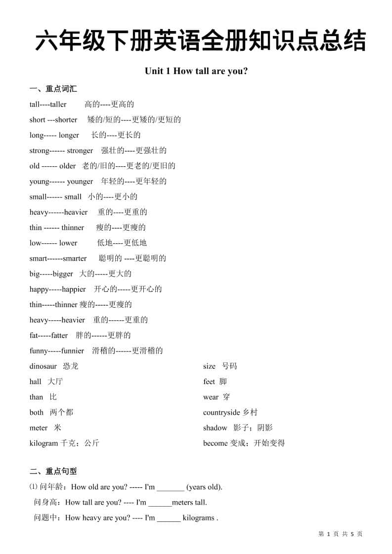 六年级下英语全册知识总结《人教版PEP》-谷进海小站