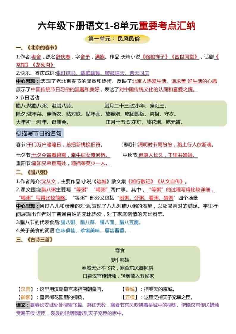 六年级下语文1-8单元重要考点汇总-谷进海小站