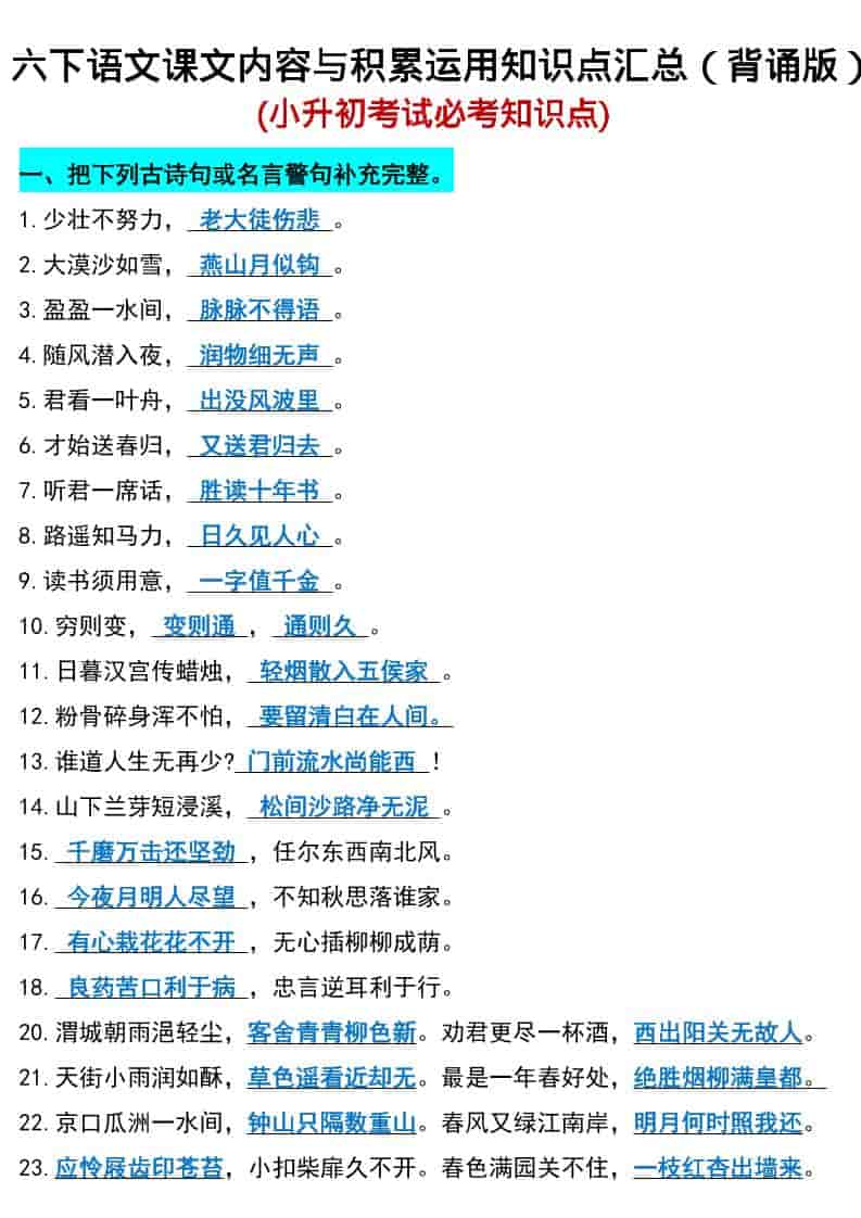 六年级下语文小升初期末必考知识点-谷进海小站