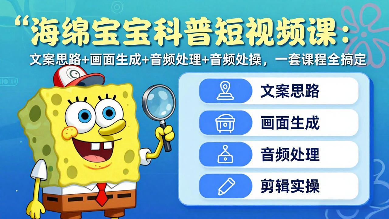 海绵宝宝科普短视频课：文案思路+画面生成+音频处理+剪辑实操，一套课程全搞定-谷进海小站