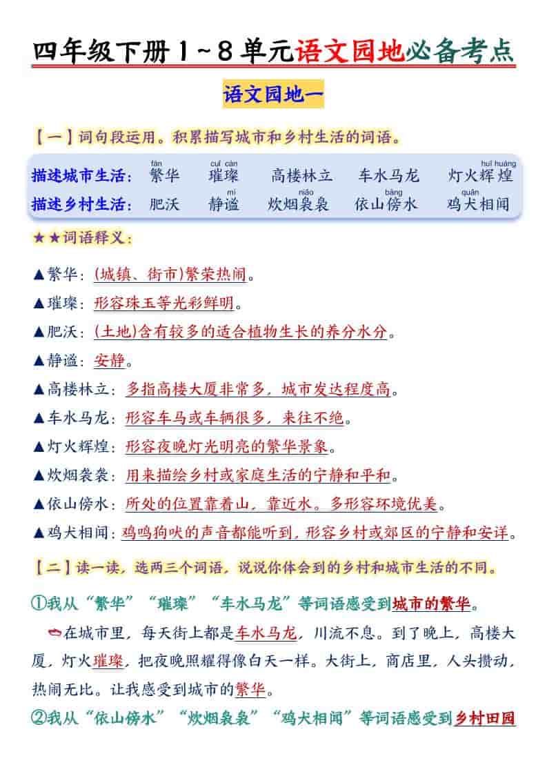 四年级下语文园地1-8单元必备考点-谷进海小站