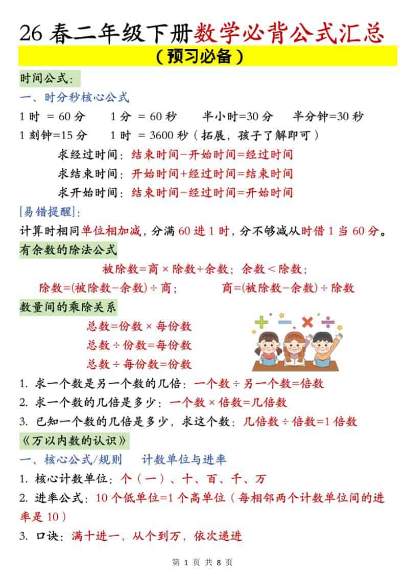 二年级下数学必背公式汇总《人教版》-谷进海小站