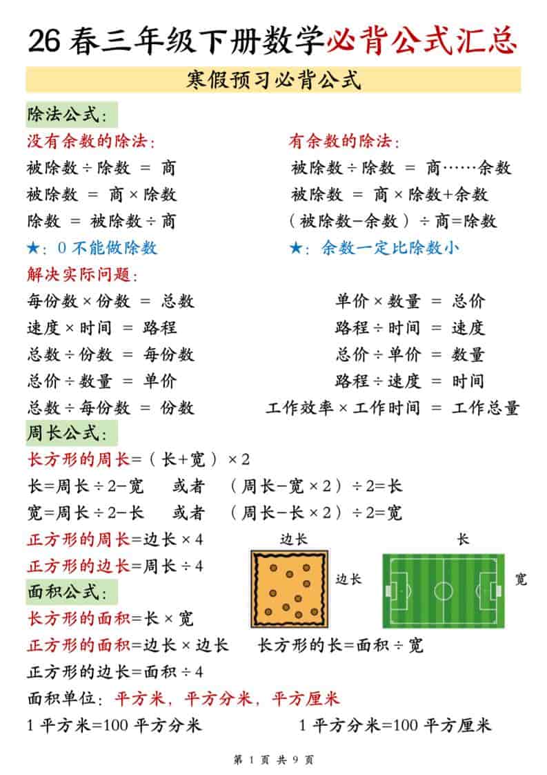 三年级下数学26春必背公式汇总-谷进海小站