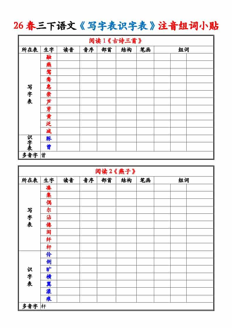 三年级下语文26春《写字表识字表》注音组词小贴-谷进海小站