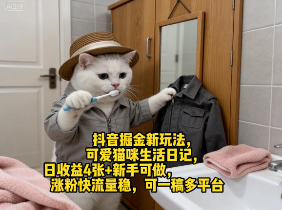 抖音掘金新玩法，可爱猫咪生活日记，日收益4张+新手可做，涨粉快流量稳，可一稿多平台-谷进海小站