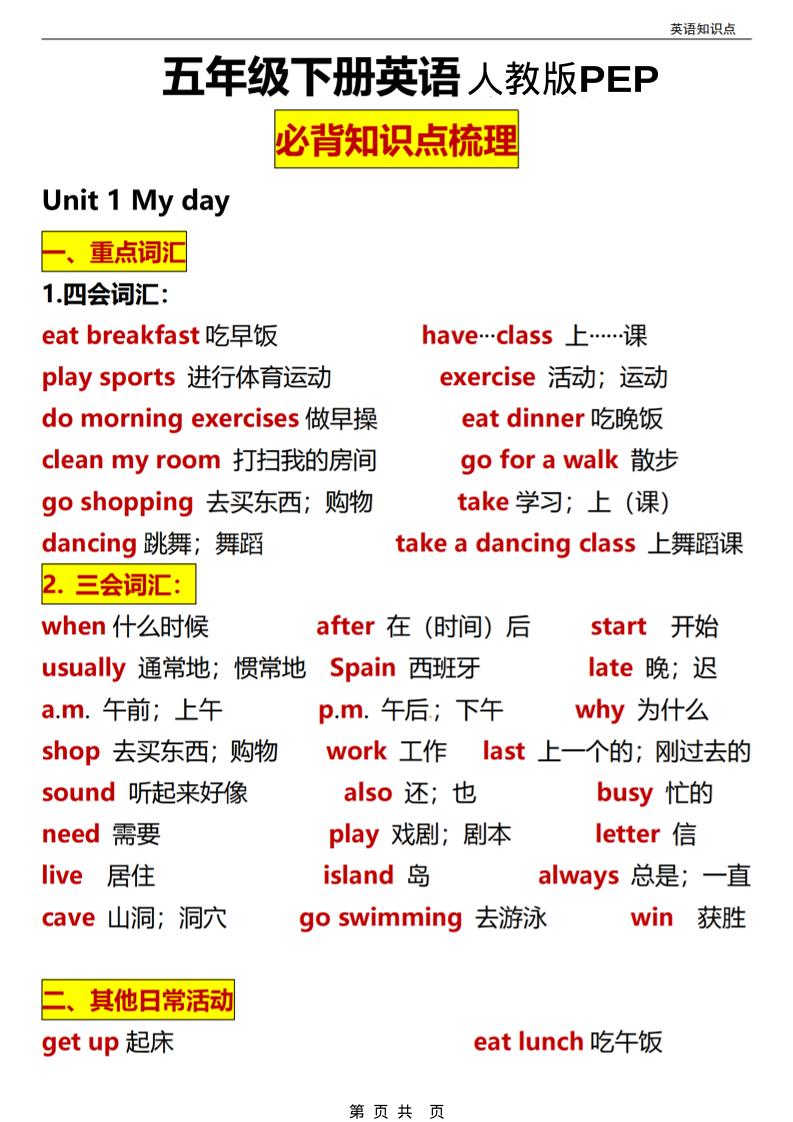 五年级(下）英语全册知识点汇总《人教版PEP》-谷进海小站