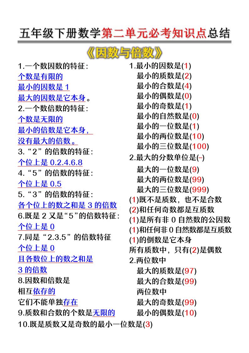 五年级下数学第二单元必考知识点总结-谷进海小站