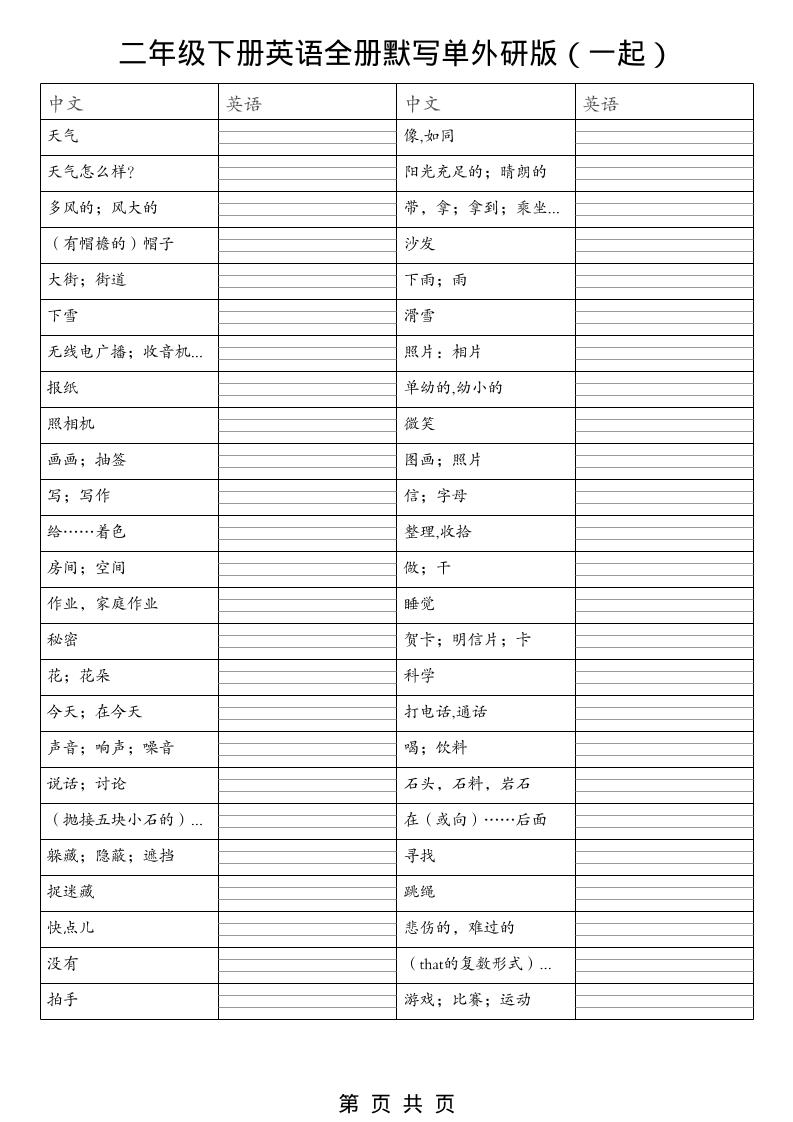 二年级下英语全册默写单（看中写英）《外研版（一起）》-谷进海小站
