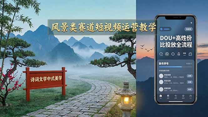 风景类赛道短视频运营教学：诗词文学中式美学，新号养号对标账号定位，DOU+高性价比投放全流程-谷进海小站