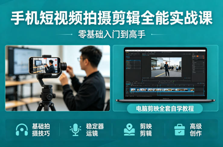 手机短视频拍摄剪辑全能实战课：零基础入门到高手，稳定器运镜+电脑剪映全套自学教程-谷进海小站